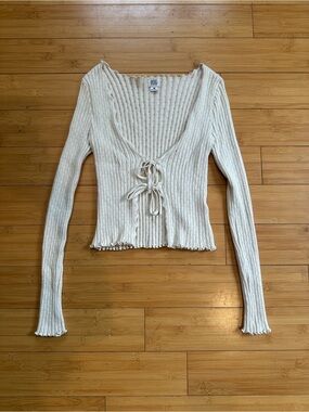 BDG Cream Ribbed Tie-Front Cropped Long Sleeve Top